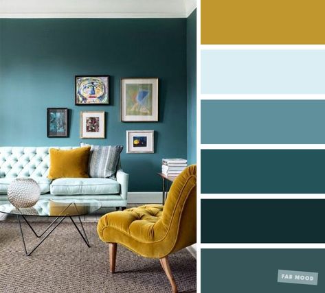 The best living room color schemes - Mustard, Teal and light blue color palette #blueberry #color #colorscheme #mustard #livingroom Good Living Room Colors, Teal Living Rooms, Yellow Living Room, Living Room Color Schemes, Trendy Living Rooms, Room Paint Colors, Room Color Schemes, Bedroom Color Schemes, Leather Living Room Set