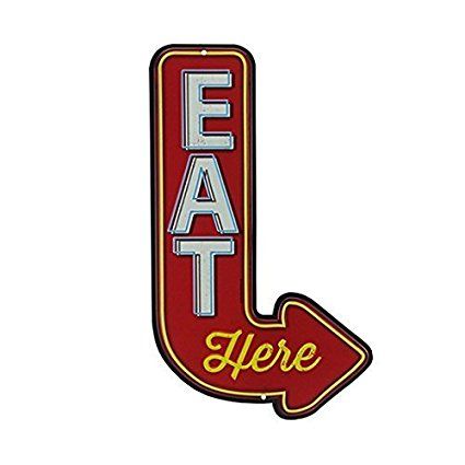 Open Road Brands 90151356 Die Cut Embossed Tin Sign, Eat Here Arrow Diner Sign, Diner Decor, Vintage Diner, Boy Wall Art, Retro Diner, Tin Walls, Embossed Metal, Retro Sign, Business Decor