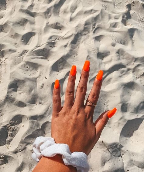 Vacation Nails Coffin Shape, Bright Neon Orange Nails, Vacation Nails Coffin, Neon Orange Nails, 2023 Nails, Long Square Nails, How To Cut Nails, Vacation Nails, Nail Nail