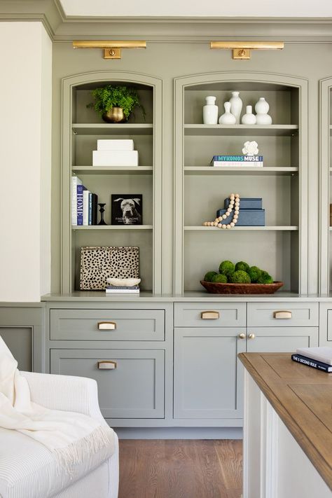 Painted Oak Built Ins, Gray Built In Bookshelves, Built In Cabinet Paint Colors, Den Cabinets Built Ins, Mushroom Built Ins, Hale Navy Built Ins, Built In Paint Ideas, Blue Green Built Ins, Evergreen Fog Built Ins