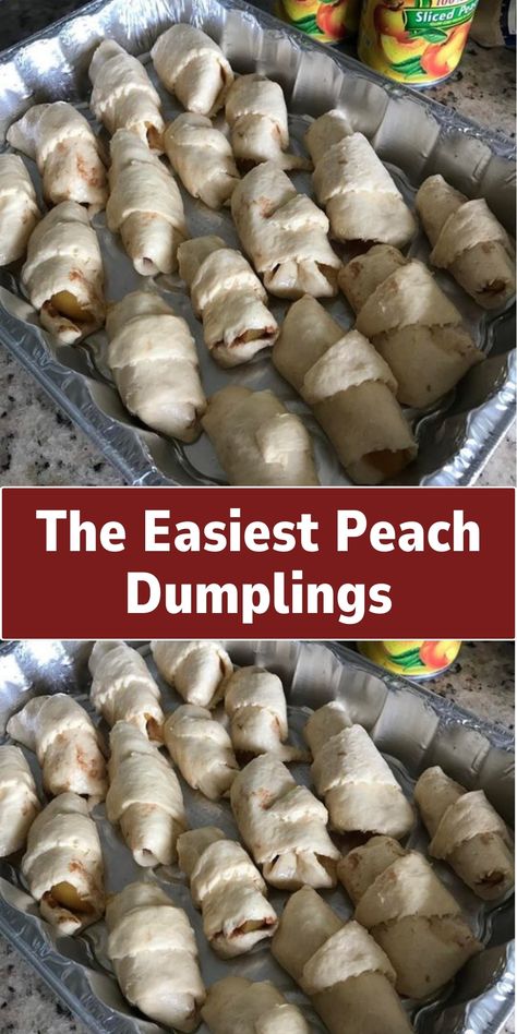 Indulge in the sweet and fruity goodness of The Easiest Peach Dumplings. These delectable dumplings feature fresh or canned peaches wrapped in flaky pastry dough, baked to a golden brown, and drizzled with a sweet sauce. They're a simple yet delightful dessert. Easiest Peach Dumplings, Peach Crescent Rolls, Easy Peach Dumplings, Best Swedish Meatballs, Crescent Roll Dessert, Peach Dumplings, Crockpot Chicken And Dumplings, Peach Dessert Recipes, Butter Pecan Cookies