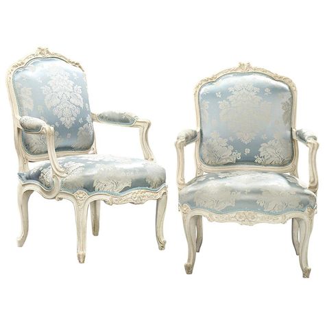 Antique Dining Room Chairs, Louis Xv Armchair, Rococo Design, Antique Dining Room, Rococo Furniture, Jean Reno, French Arm Chair, French Rococo, Blue And White Fabric