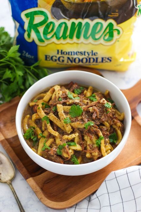 Beef And Noodles Frozen Noodles, Beef And Noodles With Reames Noodles, Reames Noodle Recipes, Easy Beef And Noodles, Slow Cooker Beef And Noodles, Reames Noodles, Noodles Crockpot, Beef And Noodles Crockpot, Beef Tips And Noodles