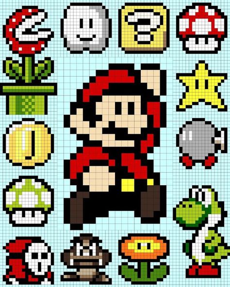 Super Mario Perler Bead Patterns Pixel Art Mario, Mario Quilt, Crochet Mario, Mario Crochet, Perler Bead Mario, Perler Bead Templates, Pixel Crochet, Hama Beads Patterns, Pixel Pattern