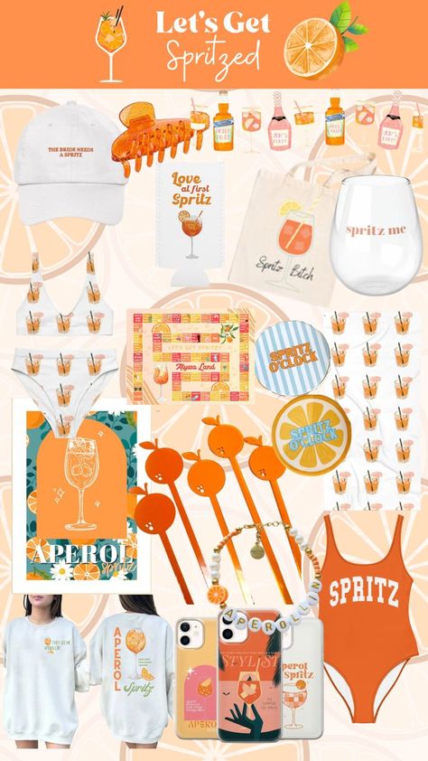 Explore a dynamic collage showcasing a selection of Aperol Spritz Themed Bachelorette Party essentials, featuring vibrant decor and fashionable attire that promise a celebration as refreshing as the bride's favorite cocktail. Plan a memorable night with ease, letting the Aperol vibes and Italian elegance set the stage for a gathering filled with love, laughter, and toasts to an unforgettable evening of joy and celebration. Bachelorette Party Italian Theme, Citrus Themed Bachelorette Party, Bachelorette Party In Italy, Summer In Italy Bachelorette, Orange Themed Bachelorette Party, Italian Themed Bachelorette, Bachelorette Italian Theme, Feelin Spritzy Bachelorette, Cocktail Theme Bachelorette Party