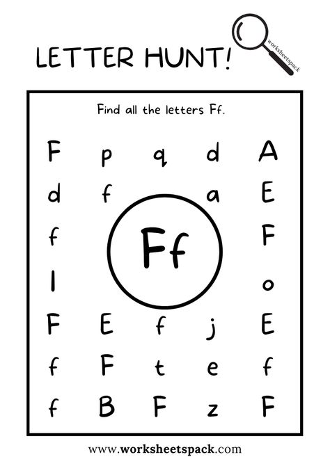 Find the Letter F Worksheet, Alphabet F Hunt Activity Free Printable for Kids - Printable and Online Worksheets Pack Worksheet Letter F, Letter F Toddler Activities, F Activities, Letter F Worksheets Kindergarten, Letter Ff Worksheets, Letter F Preschool Worksheets, Preschool Letter F Activities, Letter F For Preschoolers, F Worksheet