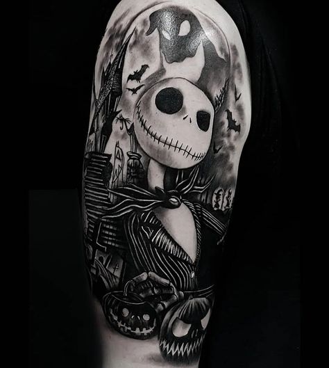 20+ Jack Skellington Tattoos and Sally Tattoos Jack Skeleton Tattoo, Jack Skellington Pictures, Skellington Tattoo, Tattoo Nightmares, Jack Skellington Tattoo, Tim Burton Tattoo, Jack Tattoo, Romantic Tattoo, Nightmare Before Christmas Drawings