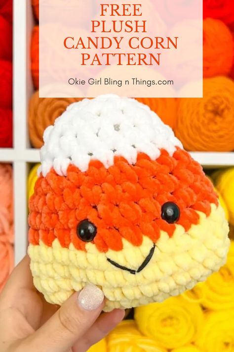 Bring some sweetness to your crochet projects with the Free Plush Candy Corn Crochet Pattern, a delightful amigurumi toy design. Craft this whimsical and huggable candy corn plush for a touch of Halloween charm or a fun gift for a loved one Crochet Candy Corn Plushie, Mini Candy Corn Crochet Pattern, Crochet Pumpkin Stuffed Animal, Candy Corn Free Crochet Pattern, Free Crochet Candy Corn Patterns, Crochet Candy Corn Pillow Free Pattern, Crocheted Candy Corn, Crochet Sucker Covers, Crochet Projects For Fall