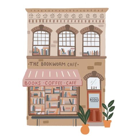 Book Cafe Illustration, Illustration Of Books, Toy Shop Illustration, Bookstack Drawing, Bookstore Poster Design, Library Aesthetic Drawing, Shop Illustration Store Fronts, Book Shop Drawing, Library Drawing Illustration