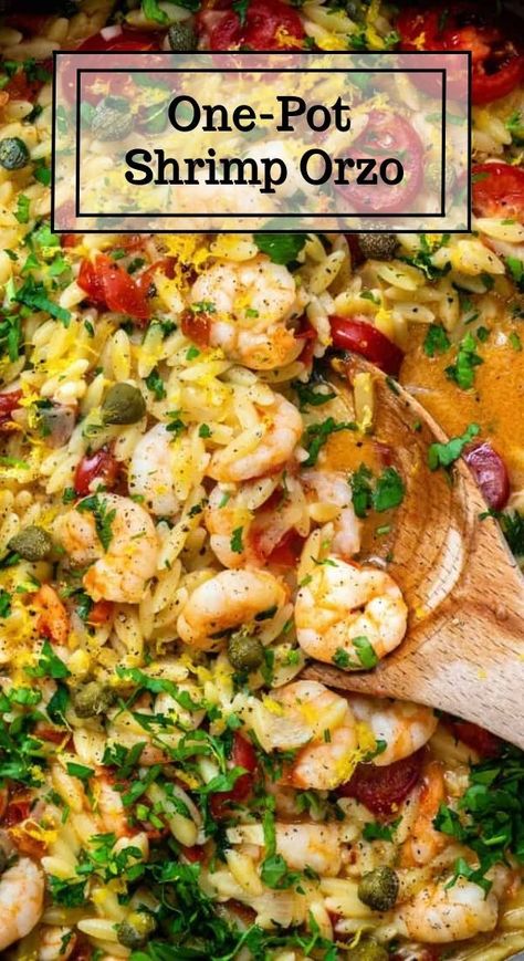 Shrimp And Orzo Recipes Dinners, Orzo Shrimp, Orzo Dinner Recipes, Buttery Garlic Shrimp, Easy Orzo, Shrimp Orzo, Creamy Orzo, Capers Recipe, Orzo Recipe