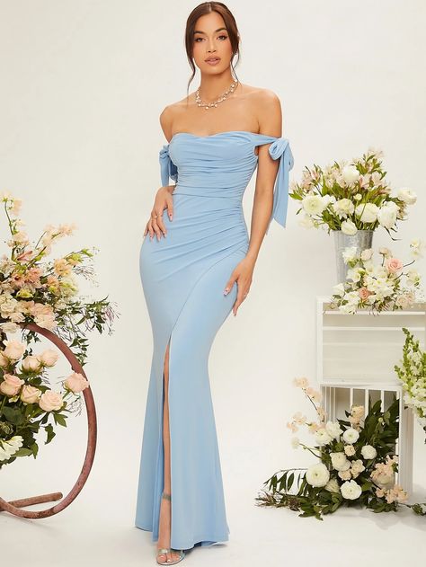 SHEIN Belle Off Shoulder Knot Side Ruched Wrap Hem Bridesmaid Dress | SHEIN USA Baby Blue Bridesmaid Dresses, Vestidos Para Baby Shower, Wedding Guest Gowns, Shoulder Knots, Blue Bridesmaid Dress, Floor Length Chiffon Bridesmaid Dresses, Bridesmaid Dress Colors, Blue Bridesmaid Dresses, Ribbed Knit Dress