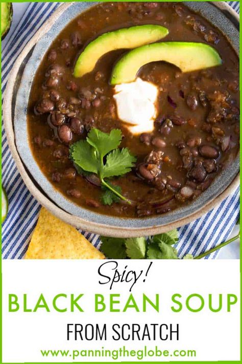 Rich spicy black bean soup with velvety broth and just the right amount of heat. A from scratch recipe using dried black beans. #BlackBeanSoup #BlackBeansRecipe Spicy Black Bean Soup, Soup For Dinner, Black Bean Soup Recipe, Dried Black Beans, Black Bean Recipes, Bean Soup Recipes, Black Bean Soup, Cooking Black Beans, Photo Food