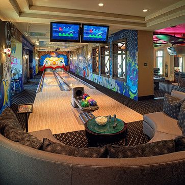 Fun Home Bowling Alley, Man Cave Home Bar, Bowling Alley, Basement Remodel, Basement Renovations, Game Room Design, Remodeling Ideas, Rec Room, House Goals