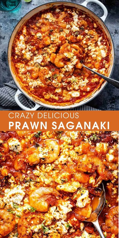 Cooked Prawn Recipes, Prawn Saganaki, Shrimp Saganaki, Saganaki Recipe, Prawn Dishes, Sea Vegetables, Prawn Recipes, Shrimp Recipes For Dinner, Greek Cooking