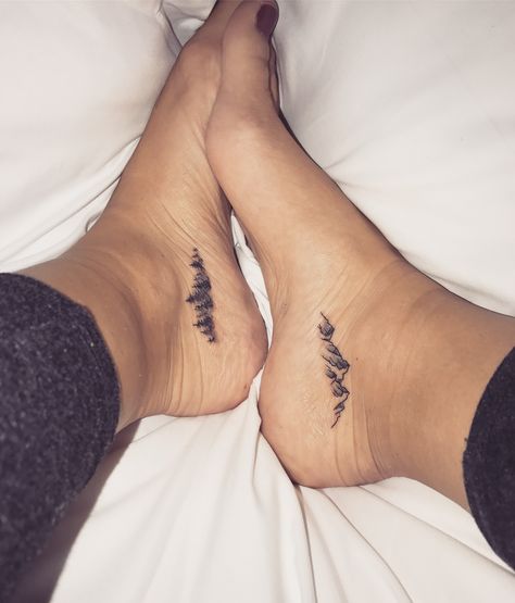 Trees and mountain tattoo, ankle tattoo, tree mountains range Mountain Tattoo Ankle, Tattoo Lower Back, Berg Tattoo, Tattoo Mountain, Tattoo Ankle, Tattoo Tree, Ankle Tattoo Designs, Shape Tattoo, Muster Tattoos