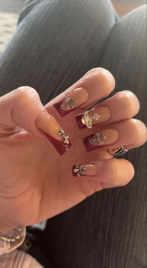 Red Nails With Planet Charm, Nails W Cross Charms, Dark Red Nails With Cross, Red Nails With Cross Charm, Short Frenchies With Charms, Red Vivienne Westwood Nails, Dark Red Nails With Charms, Red Nails Charms, Red Charm Nails