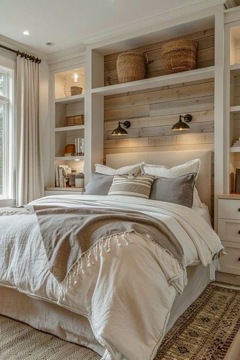 Square Bedrooms Ideas, Small Den Bedroom Ideas, Narrow Primary Bedroom, Mutual Bedroom Ideas, Ceiling Storage Ideas Bedroom, Small Coastal Guest Bedroom, Small Space Master Bed, Bedroom Ideas High Ceiling, Apartment Small Bedroom Ideas