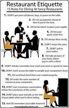 Restaurant Etiquette, Travel Etiquette, Dinning Etiquette, Table Setting Etiquette, Nice Restaurants, Etiquette Classes, Struktur Teks, Etiquette Rules, Table Etiquette