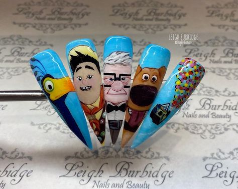 Disney Pixar nail art. Hand painted gel nails Up Disney Nails, Disney Up Nails Art, Pixar Up Nails, Inside Out 2 Inspired Nails, Up Nails Disney, Nail Box, Up Nails, Pixar Nail Designs, Cartoon Character Nail Art