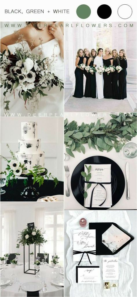 Champagne Sage Green Black Wedding, Black Scheme Wedding, All Black Wedding With Greenery, Wedding Colors Black And Green, Wedding Idea Color Schemes, Black Green Wedding Color Palettes, White Black Sage Wedding, Black Sage And White Wedding, Black Cream Green Wedding