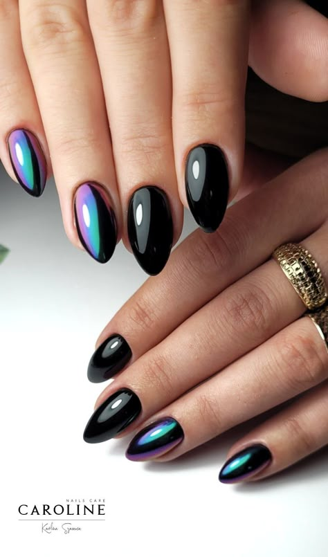 Black Chrome Nail Designs, Nail Designs Dark Colors, Witchy Nails Short, Black On Black Nails, Dark Nails Designs, Black Chrome Nails Designs, Nail Designs Dark, Moody Nails, Black Wedding Nails