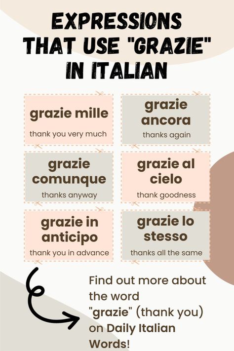 Eager to learn how to express gratitude in Italian? Explore a range of common expressions featuring the word "grazie" (thank you) in Italian. To delve deeper into the term "grazie" and to enhance your journey to learn to speak Italian, don't miss our comprehensive article on Daily Italian Words! English To Italian Words, Beautiful Italian Words, How To Speak Italian, Basic Italian, Learn To Speak Italian, Everyday Italian, Italian Grammar, Italian Vocabulary, Italian Word