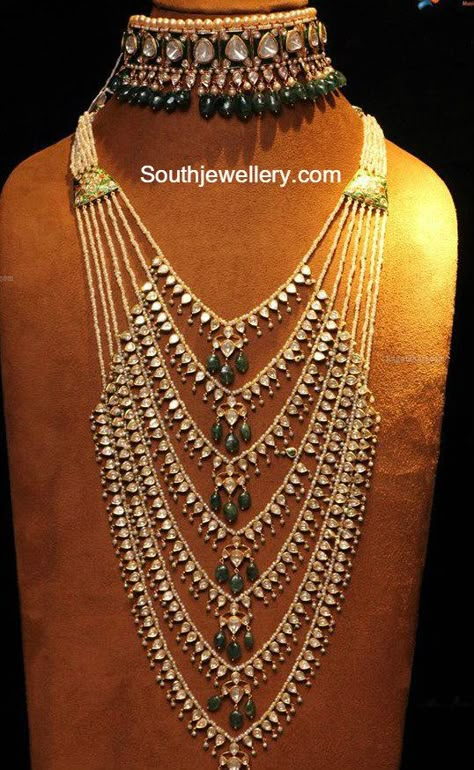 jewelry beads choker crafts 2016 | Polki choker and satlada haar adorned with pearls, emerald beads and ... Talwar Jewellers, Latest Indian Jewellery, 22 Carat Gold Jewellery, Polki Choker, Indian Jewelry Earrings, Beads Choker, Bridal Jewellery Design, Jewellery Bridal, Jewellery Wedding