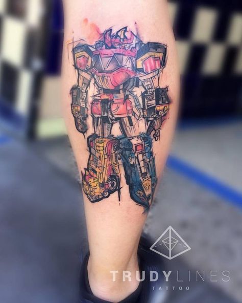 Sketch work tattoo on the calf of the robot of the Power Rangers. Sketch Work Tattoo, Rangers Tattoo, Extreme Tattoos, Power Rangers Tattoo, Tattoo Klein, Viking Rune Tattoo, Fandom Tattoos, Tat Inspiration, Nostalgic 90s