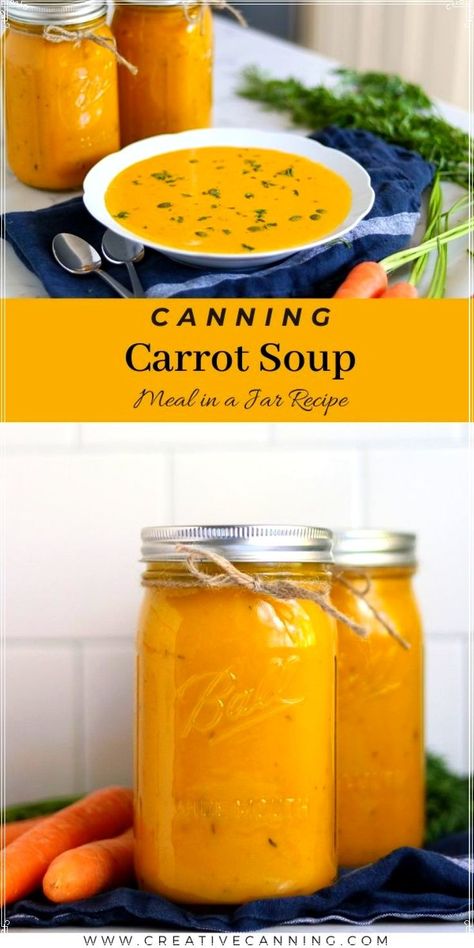 Pressure canning carrot soup is simple to do with few ingredients. Customize this recipe to your taste by adding dried spices like ginger. If you want to start canning meals in jars, homemade carrot soup is so satisfying and the perfect heart soup recipe to try this winter! You'll love this pressure canning recipe. Canning Carrot Soup, Carrot Recipes For Canning, Carrots Canning Recipes, Carrot Canning Recipes, Canning Ginger, Soup Canning Recipes, Canning Carrots Recipes, Canning Soups, Meals In Jars