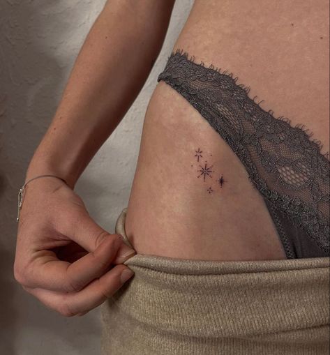 Astronomy Related Tattoos, Rib Constellation Tattoo, Tiny Pelvic Tattoo, Moon And Stars Tattoo Ribs, Celestial Stomach Tattoos, Small Fine Art Tattoo, Under Hip Tattoo, Minimalist Astronomy Tattoo, Hidden Tattoo Ideas Female