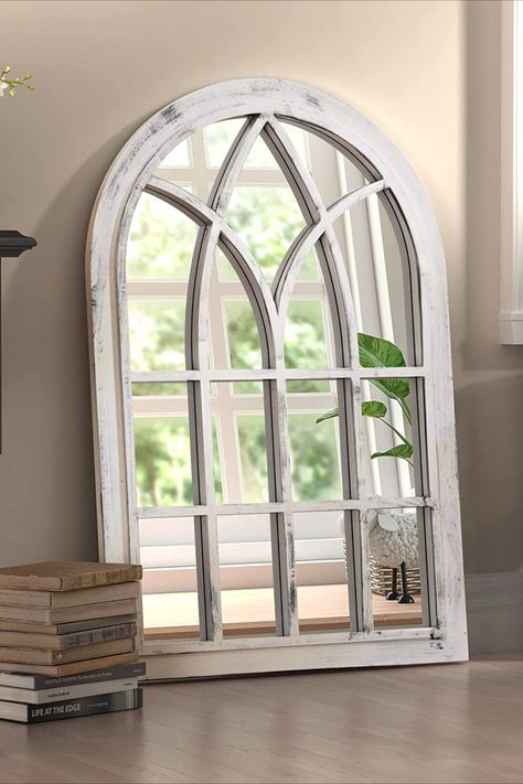 Cathedral Mirror, Windowpane Mirror, Arched Window Mirror, Arched Wall Decor, Mirror Placement, Farmhouse Wall Mirrors, Repurposed Windows, Mirror For Living Room, Farmhouse Mirrors