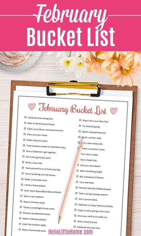 Looking for Things to Do in February? You’ll LOVE these February Bucket List Ideas! This FREE Printable February Bucket List is full of unique February Activities: crafts, recipes, travel, indoor / outdoor ideas, at home fun, Valentine’s Day, more! This February To Do List has creative ideas for everyone, including couples, friends, families, singles, kids, teens. Includes two free PDF Printables: one with 40 Winter Ideas and a Blank Template so you can create a custom list! | Hello Little Home Best Friends Bucket List, February Bucket List, Friends Bucket List, Things To Do In February, Aesthetic 2025, Hikes In Utah, February Activities, February Activity, Starting A Book