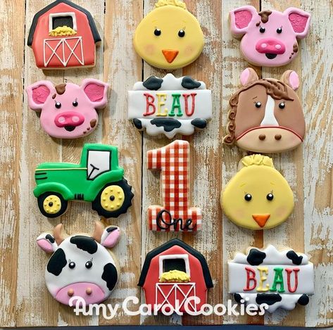 1st Birthday Boy Themes, Cowboy Themed Birthday Party, Farm Birthday Cakes, Thankful To God, First Birthday Cookies, Farm Cookies, Decorative Cookies, Theme Cookies, Farm Theme Birthday