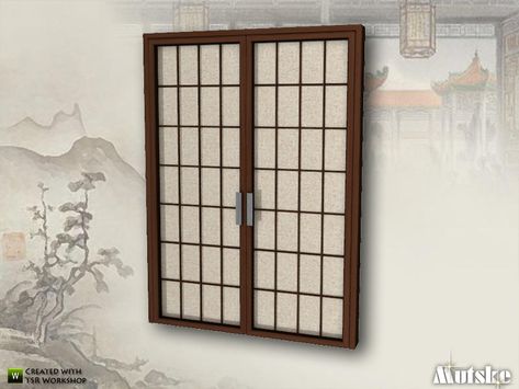 Asian style door. Made by Mutske@TSR.  Found in TSR Category 'Sims 4 Doors' Sims 4 Cc Anime Decor, Sims 4 Fence Cc, Japanese House Decor, Sims 4 Japanese House, Asian Doors, Ts4 Medieval, Japanese Room Divider, Japanese Exterior, Japan Furniture