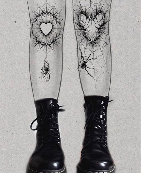 Tattoo Words In Spiderweb, Punk Knee Tattoo, Heart Spiderweb Knee Tattoo, Creepy Cool Tattoos, Goth Leg Tattoo Ideas, Goth Line Tattoo, Gothic Linework Tattoo, Alt Leg Tattoos, Goth Shin Tattoo