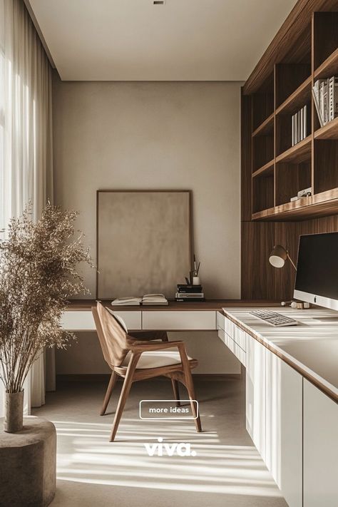 Small Home Modern Design, Office Design For Small Space, Neutral Tone Office, Japanese Office Interior Design, Home Office Setup Cozy, Japandi Working Room, Living Room With Home Office, Working Room Design Home, Inspiring Office Spaces