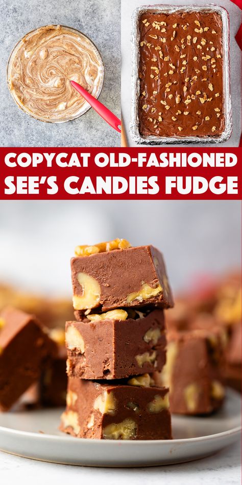 Old-Fashioned Copycat See's Candy Fudge Recipe - rich homemade chocolate fudge made with semi sweet chocolate chips and marshmallow creme. A copycat See's Fudge recipe just like grandma used to make. Sees Candy Recipes Copycat Fudge, See’s Fudge Recipe, See’s Candy Fudge Recipe, Sees Candy Fudge Recipe, Semi Sweet Chocolate Chip Recipes, See's Candy Fudge Recipe, Mackinac Fudge, Sees Fudge Recipe, Christmas Fudge Recipes