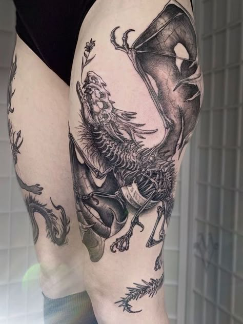 Gothic Tattoo Thigh, Thigh Dragon Tattoo Men, Cool Tattoos Thigh, Side Thigh Tattoos Dragon, Undead Dragon Tattoo, Emo Leg Tattoos, Skeletal Dragon Tattoo, Dragon Bones Tattoo, Goth Arm Sleeve Tattoo