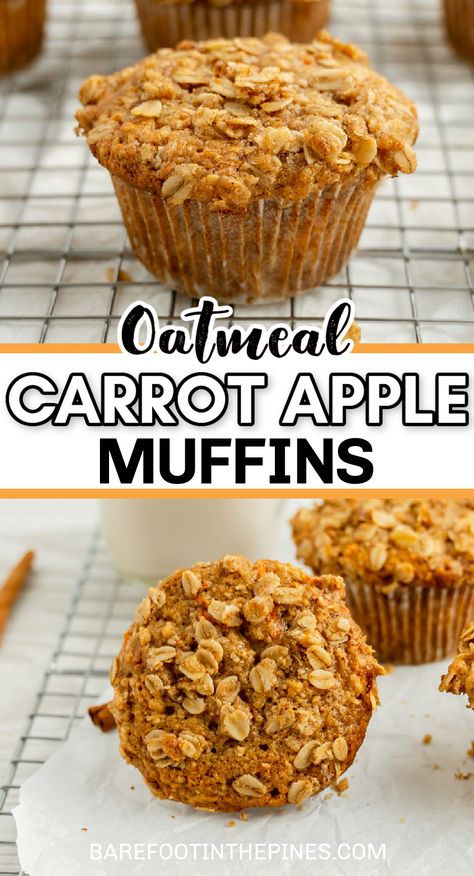 Oatmeal Apple Carrot Bread, Hidden Carrot Muffins, Recipes With Grated Carrots, Carrot Apple Sauce Muffins, Breakfast Apple Muffins, Oatmeal Carrot Apple Muffins, Apple Muffins Oatmeal, Carrot Breakfast Recipes, Apple And Carrot Muffins