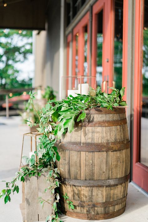 Riverside On The Potomac Wedding, Barrels Wedding Ceremony, Wedding Whiskey Barrel Decor, Barrel Decor Ideas Wedding, Wine Barrel Wedding Decor, Barrel Wedding Decor, Wine Barrel Wedding, Ceremony Decorations Outdoor, Yankees Game