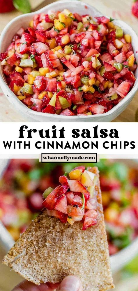 This fresh fruit salsa is easily made with 4 kinds of fruit and served with easy cinnamon sugar chips for scooping. Grab strawberries, kiwi, peaches, and mango and toss it with lime juice and honey to make your new favorite party dish. Sweet Fruit Dip, Fruit Salsa With Baked Cinnamon Chips, Easy Fruit Salsa, Appetizer Summer, Cinnamon Chip Recipes, Fruit Salsa Recipe, Summer Desserts Easy Healthy, Sweet Appetizer, Salsa Ingredients