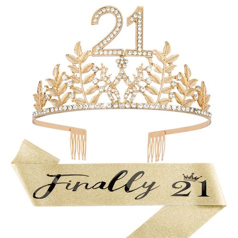 PRICES MAY VARY. The Perfect 21st Birthday Decorations for Her: Finally 21 birthday sash + rhinestone 21 tiara. 21st Birthday Crown and Sash Material: Alloy, rhinestone, glitter fabric. The crown material is sturdy and shiny, and the birthday sash won't fall off the glitter. This is a high quality birthday decorations set that is essential for 21st birthday parties of various themes. Birthday Tiara. It is a dazzling and beautiful tiara for girls.With the shiny, attractive, beautiful rhinestones Gold 21st Birthday Decorations, 21 Birthday Sash, Happy 21 Birthday, 21st Birthday Crown, 21st Birthday Gifts For Her, Gold 21st Birthday, 21st Birthday Sash, 21st Birthday Cake Toppers, Tiara Gold