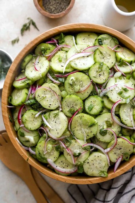 Easy Sweet Cucumber Salad Recipe - Lexi's Clean Kitchen Sweet Cucumber Salad, Sweet Vinaigrette Dressing, Honey Vinaigrette Dressing, Cucmber Salad, Cucumber Red Onion Salad, Salad Sides, Lunch Stuff, Cucumber Onion Salad, Cucumber Salads