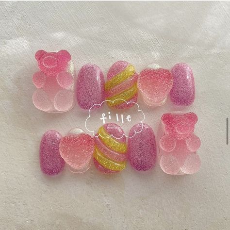 Cute Nail Designs Korean, Japanese Kawaii Nail Art, Food Nails Designs, Gummy Nails, Candy Nails Designs, Kidcore Nails, Nail Polish Ideas Easy, Candy Nail Art, Tape Nail Art