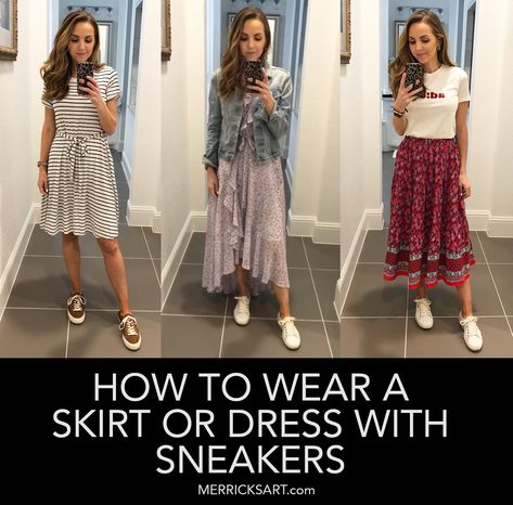 How to wear sneakers and dresses together Sneakers With Skirts And Dresses, Sneakers Fashion Dress, How To Style Dresses With Sneakers, Office Dress With Sneakers, Dresses To Wear With Converse, High Low Dress With Sneakers, Tennis Shoe Dress Outfit, Dresses Tennis Shoes Outfits, A Line Dress With Sneakers