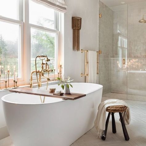 Shannon Oxford (@shannonoxford) • Instagram photos and videos Dream Farmhouse Master Bath, High Ceilings Bathroom, French Modern Home Interiors Bathroom, Herringbone Tile Floor Master Bath, Traditional Spa Bathroom, Belgian Farmhouse Bathroom, Master Bathrooms With Toilet Room, Serene Master Bath, Master Bath Shower Two Heads