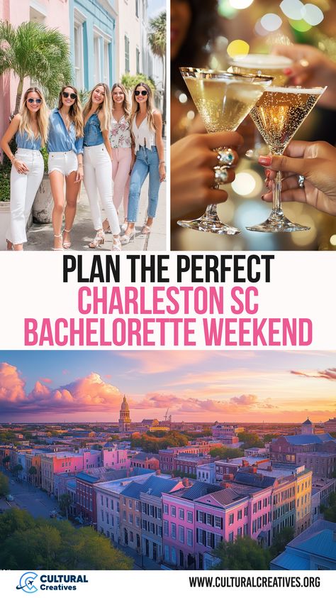 A group of women enjoying a stylish day out in Charleston, SC, followed by celebratory drinks and a picturesque sunset over the historic city's skyline, highlighting how to Plan the Perfect Charleston SC Bachelorette Weekend. 30th Birthday Charleston Sc, Charleston Theme Party, Charleston Bachelorette Party Theme, Charleston Sc Bachelorette Party, Charleston South Carolina Bachelorette, Weekend In Charleston Sc, Charleston Bachelorette Party, Charleston Bachelorette, Party Itinerary