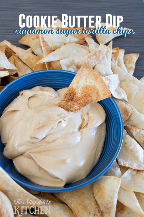 Cookie Butter Dip, luscious and creamy dip served with cinnamon sugar tortilla chips! from ThisSillyGirlsLife.com #gotortillaland #partyfood #ad Cookie Butter Dip, Cookie Dips, Tortilla Snacks, Candy Dips, Superbowl Sunday Snacks, Cookie Dippers, Cinnamon Sugar Tortilla Chips, Cinnamon Sugar Tortilla, Cookie Dip