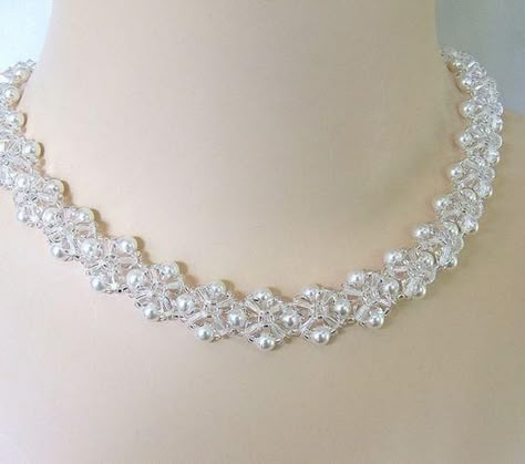 Crystal Lanyard, Crystal Wedding Necklace, Crystal Crowns, Pearls Wedding, Pearl Necklace Wedding, Woven Necklace, Beaded Jewelry Tutorials, Swarovski Crystal Necklace, Necklace White