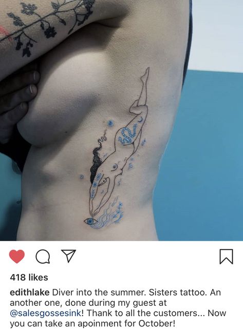 Woman Swimming Tattoo, Free Diver, Diver Tattoo, Lake Tattoo, Swimming Tattoo, Cat Tattoos, Cat Tattoo Designs, Cute Little Tattoos, Fish Tattoo